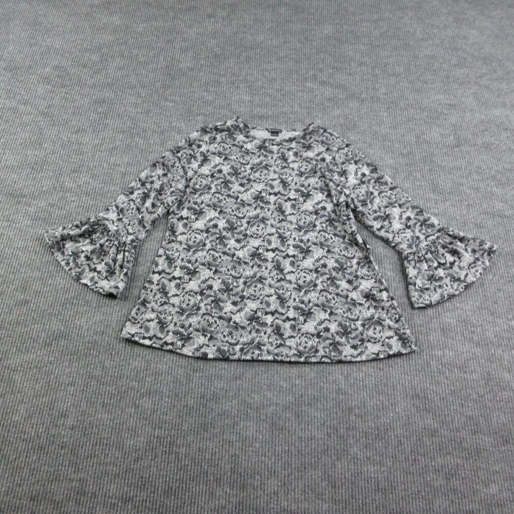 New Directions Sweater Womens L Gray Floral Light Knit Flared Sleeve Ruffle NWT